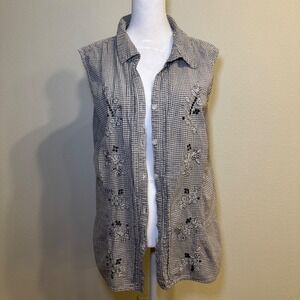 ERIKA WOMAN Sleeveless Gingham Embroidered Button Front Shirt Top Size XL